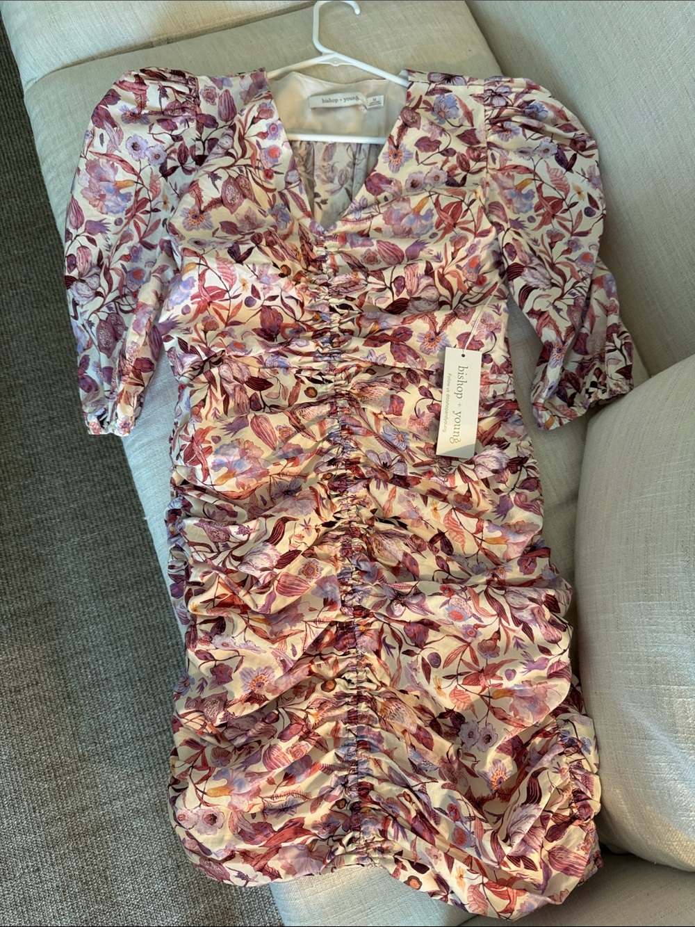 bishop + young Pink and Purple Floral Ruched V-Neck Mini Dress